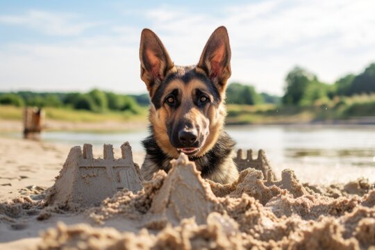 Headshot portrait photography of a cute german shepherd building a sandcastle against canals and waterways background. With generative AI technology