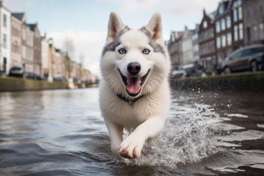Lifestyle portrait photography of a smiling siberian husky running against canals and waterways background. With generative AI technology