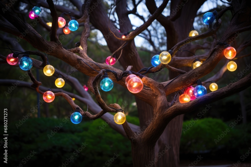 Poster a tree with a bunch of multi colored lights hanging off of it's branches in front of a forest.