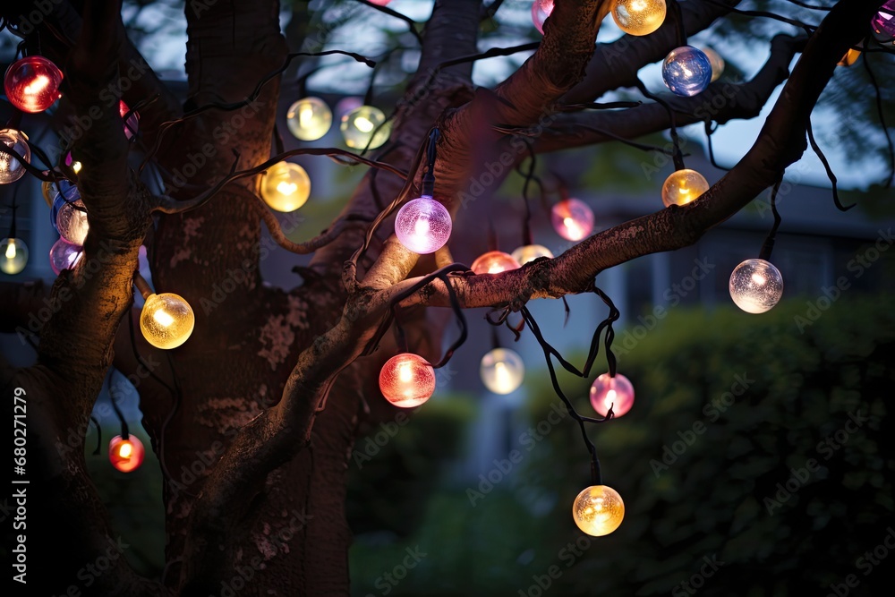 Poster a tree with a bunch of lights hanging off of it's branches in front of a tree with a house in the ba