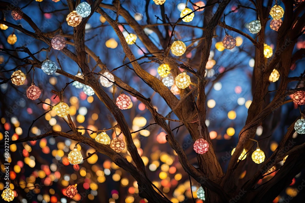 Poster a tree with a lot of lights hanging from it's branches in front of a sky filled with lights.