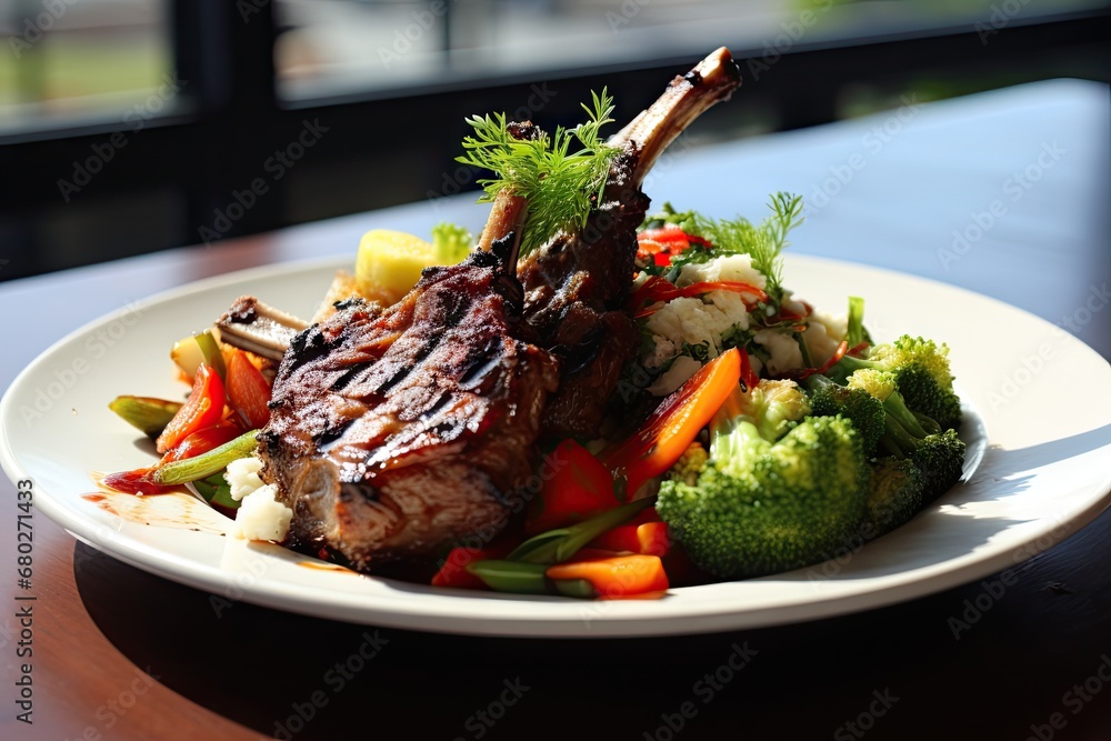 Poster  a close up of a plate of food with meat and veggies on a table with a window in the background.