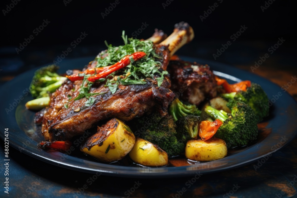 Poster a close up of a plate of food with broccoli and potatoes on a table with a dark background.