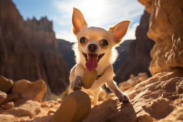 Lifestyle portrait photography of a curious chihuahua playing with a bone-shaped toy against rock formations background. With generative AI technology