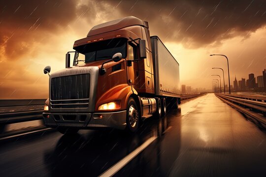  a red semi truck driving down a rain soaked road with a city skyline in the background of the picture.