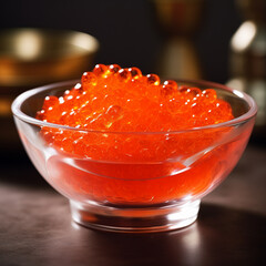 Glass bowl with delicious red caviar on table, AI Generative.