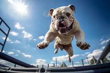 Environmental portrait photography of a funny bulldog jumping over an obstacle against planetariums background. With generative AI technology - obrazy, fototapety, plakaty