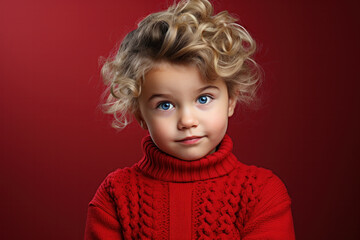 Photo of little child wavy hairstyle look side empty space wear white shirt isolated red color background