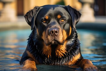 Obraz premium Close-up portrait photography of a cute rottweiler swimming against fountains and water features background. With generative AI technology