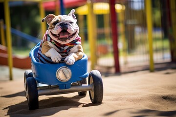 Environmental portrait photography of a smiling bulldog riding in a baby stroller against outdoor mazes background. With generative AI technology