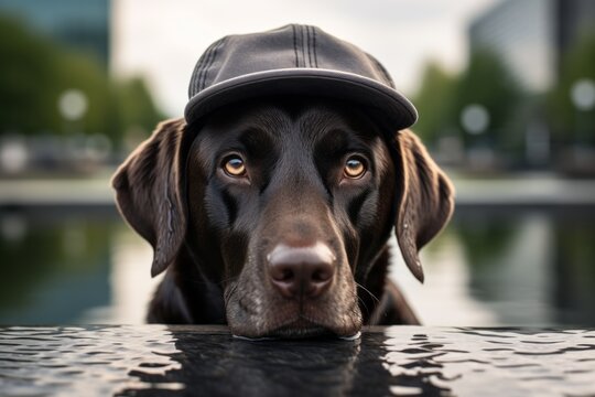 Medium shot portrait photography of a bored labrador retriever wearing a cap against fountains and water features background. With generative AI technology
