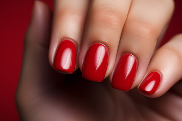Female hands with red nail polish close up