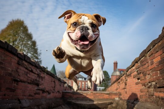 Studio portrait photography of a curious bulldog jumping against historic battlefields background. With generative AI technology