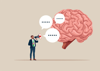 Communicate information in cerebrum. Businessman talking message into loudspeaker. Human with megaphone attracting attention. Vector illustration