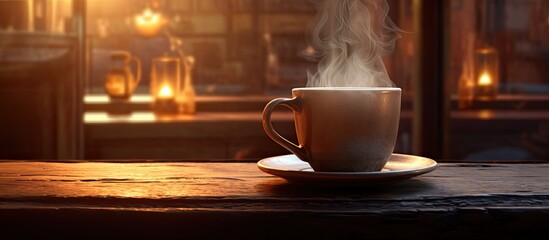 As she entered the cozy cafe, her eyes were instantly drawn to the rustic wooden table, adorned with a steaming cup of rich, brown coffee, inviting her to sit and savor the comforting beverage.
