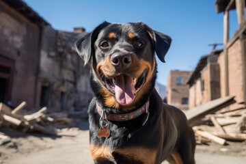 Fototapeta premium Close-up portrait photography of a smiling rottweiler walking on a leash against ghost towns background. With generative AI technology