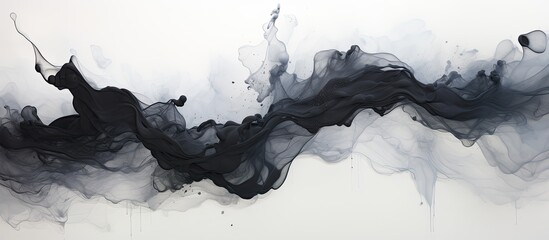 The abstract art piece showcased various textures on white marble backgrounds, combining elements of black paint, creative ink, acrylic liquid, and chaotic spray techniques, resulting in a unique and - obrazy, fototapety, plakaty