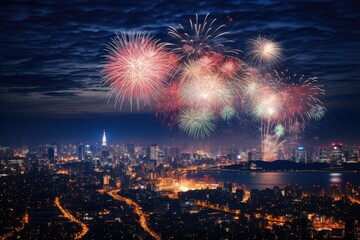 City Skylines Aglow: Aerial Symphony of Fireworks, generative AI