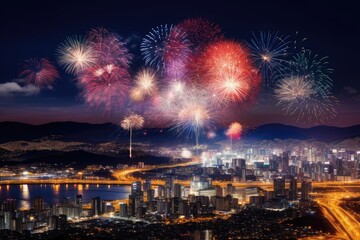 City Skylines Aglow: Aerial Symphony of Fireworks, generative AI