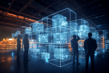 Futuristic Technology Retail Warehouse: Digitalization and Visualization of Industry 4.0 Process that Analyzes Goods. AI generated