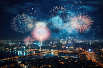 Fototapeta premium City Skylines Aglow: Aerial Symphony of Fireworks, generative AI