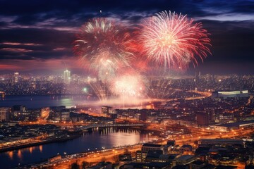 Fototapeta premium City Skylines Aglow: Aerial Symphony of Fireworks, generative AI