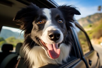Headshot portrait photography of a smiling border collie sticking head out of a car window against...