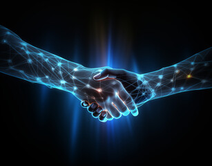 Technology is shaking hands with humans. Ai generated - obrazy, fototapety, plakaty
