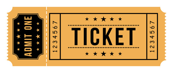 Vector Ticket with one stub rip line. Cinema ticket isolated on white background. Template minimal design for entertainment show, event, boarding pass, cinema, theatre and concert. Vector illustration - obrazy, fototapety, plakaty