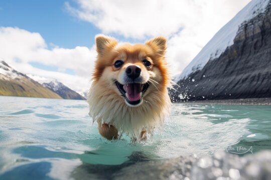 Lifestyle portrait photography of a happy pomeranian swimming in a lake against glaciers and ice caves background. With generative AI technology