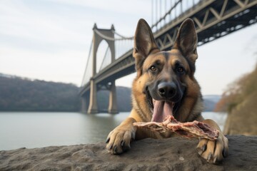 Lifestyle portrait photography of a funny german shepherd holding a bone in its mouth against...