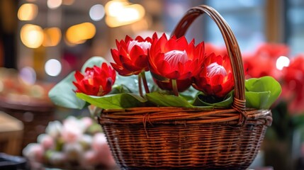 Fototapeta na wymiar Red lotus flowers in basket on table with bokeh background. Spa Concept. Springtime concept with copy space.