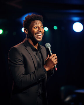 Stand Up African American Comedian On Stage. Young Man Talks Joke Into Microphone Or Sings Songs.