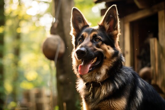 Lifestyle portrait photography of a happy german shepherd biting his tail against treehouses background. With generative AI technology