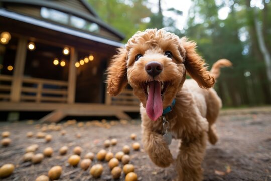Lifestyle portrait photography of a happy poodle holding a dog treat in its mouth against treehouses background. With generative AI technology