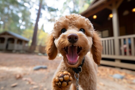 Lifestyle portrait photography of a happy poodle holding a dog treat in its mouth against treehouses background. With generative AI technology