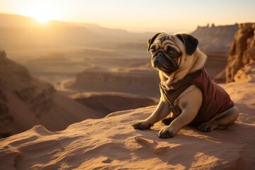 Lifestyle portrait photography of a curious pug sitting against gorges and canyons background. With generative AI technology - Powered by Adobe