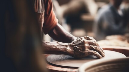 Pottery artist shaping clay, blurred background of a pottery wheel - obrazy, fototapety, plakaty