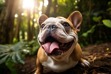 Fototapeta premium Lifestyle portrait photography of a funny bulldog scratching nose against tropical rainforests background. With generative AI technology