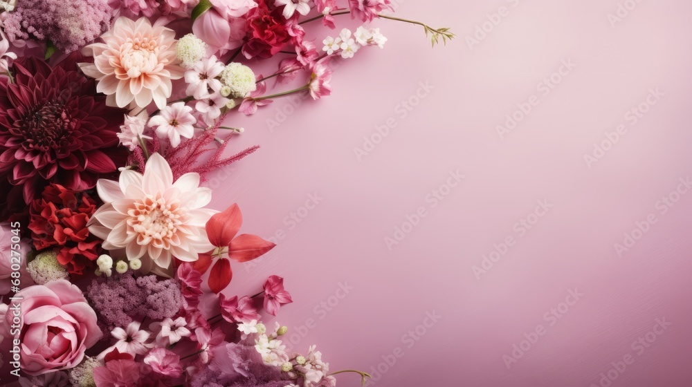 Poster a close up of a bunch of flowers on a pink background with a place for a text or an image.