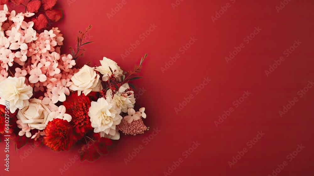 Poster a bouquet of white and red flowers on a red background with a place for a text or an image to put on
