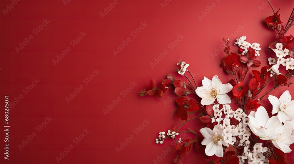 Aufkleber a bouquet of white and red flowers on a red background with a place for a text or a name on it.