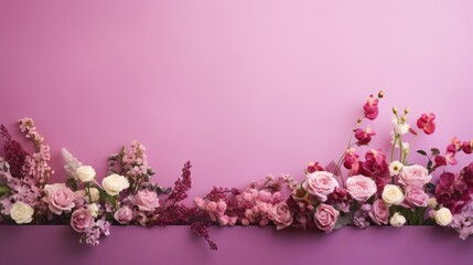  a row of pink and white flowers on a purple background with a pink wall in the middle of the row.