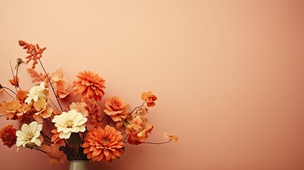  a vase filled with lots of flowers on top of a wooden table with a pink wall in the back ground.