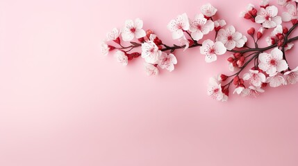  a branch of a cherry blossom on a pink background with space for a text or an image of a branch of a cherry blossom on a pink background with space for text.