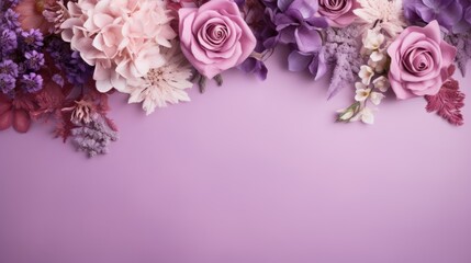  a close up of a bunch of flowers on a purple background with a place for a text or an image.