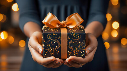 Woman holding a beautiful and elegant present gift box wrapped with a shiny gold ribbon.