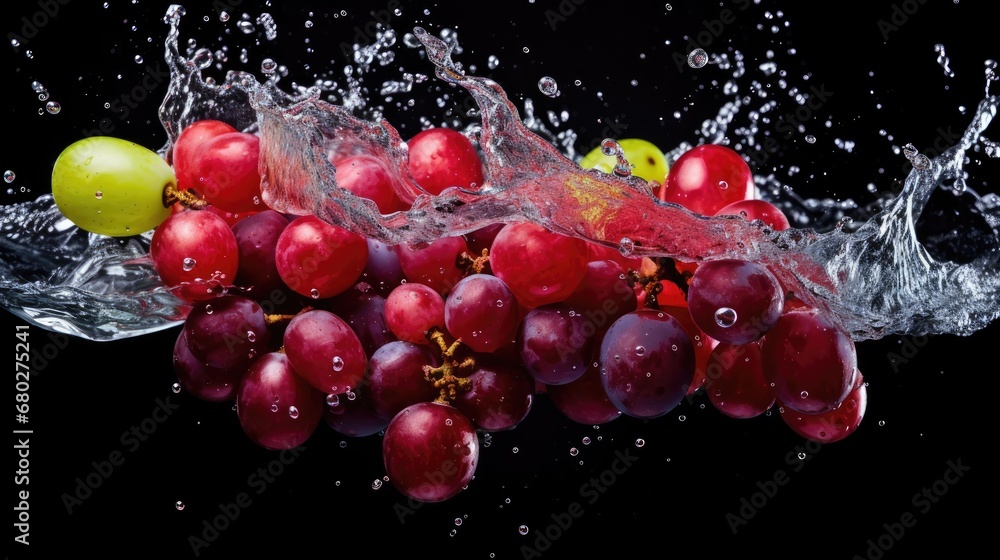 Poster a bunch of grapes with water splashing on them and a green apple on the other side of the image.