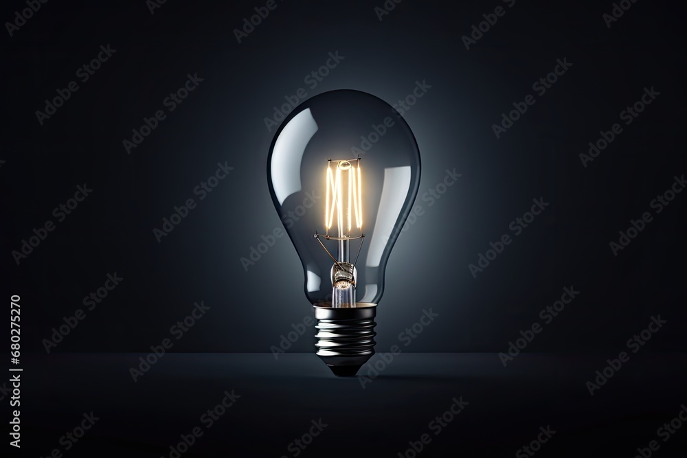 Poster a light bulb on a black background with a reflection of a light bulb on the side of the light bulb.