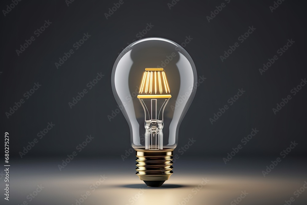 Poster a light bulb with a dim light inside of it on a dark background with a reflection of the light on th